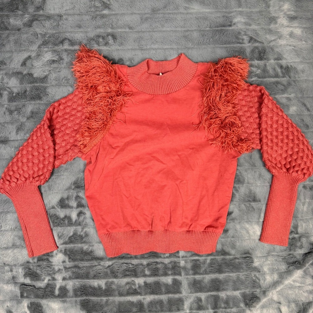 Dolan Left Coast Collection Coral Red Fringe Popcorn Knit Puff Sleeve Sweater XS